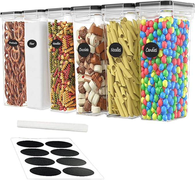 DWËLLZA KITCHEN Airtight Food Storage Container Set - 6 Pieces 2.0L - Plastic BPA Free Kitchen Pantry Storage Containers - Dishwasher Safe - Include 8 Labels and Marker - Keeps Food Fresh & Dry