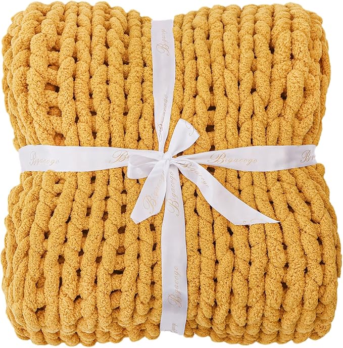 Bigacogo Chunky Knit Throw Blanket for Couch, 51x63 inches, 100% Hand Knitted with Thick Jumbo Chenille Yarn, Cozy Soft Large Rope Knot Cable Crochet Blankets for Sofa Bed Living Room, Mustard Yellow