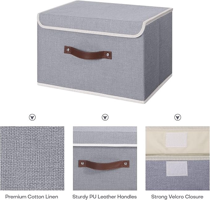 ANMINY 4PCS Storage Bins with Lid PU Leather Handles Storage Boxes PP Plastic Board Decorative Foldable Lidded Cotton Linen Fabric Home Cubes Baskets Closet Organizer Containers - Gray, Large Size
