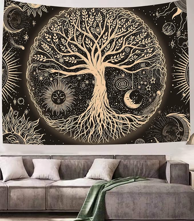 FORATER Tree of Life Tapestry Wall Hanging Sun Moon Stars Tapestries Aesthetic Galaxy Wall Tapestry Nature Home Decoration for Living Room Bedroom(61 x 82 Inch, Black and Gold)