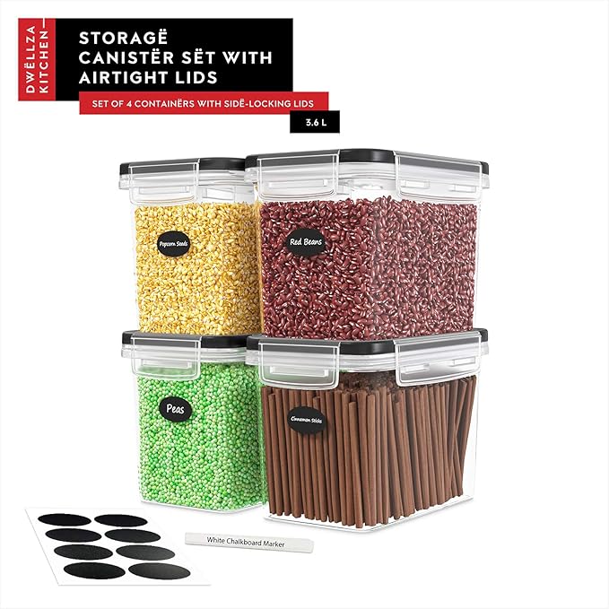 DWËLLZA KITCHEN Flour Sugar Storage Containers Set of 4; 3.6l Plastic Airtight Food Storage Containers with Lids for Kitchen Pantry Organization and Storage - Dry Food Containers, Labels & Marker
