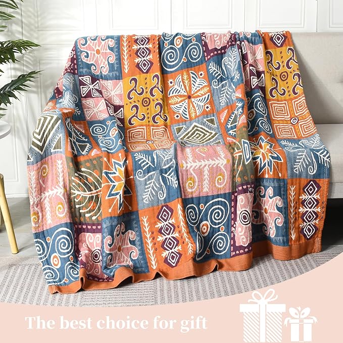 Boho Throw Blanket for Bed - 100% Pure Cotton Ultra Soft Rustic Quilt - Farmhouse Decor Bed Blankets, All Season Rustic Throw for Sofa Couch Chair(91''x 98'', Art Squares)