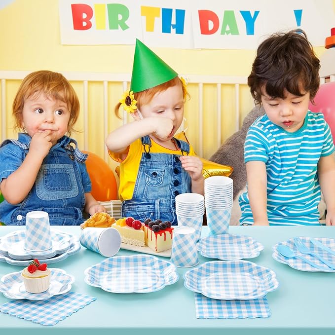 350 Pcs Blue Gingham Plates and Napkins Party Supplies - Blue and White Checkered Plates Sets Serve 50 Guests - Scalloped Gingham Paper Plate for Birthday Dinner Wedding Baby Shower Party Decorations
