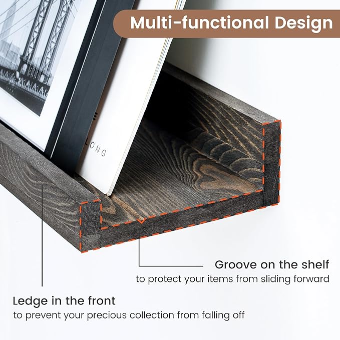 24 Inches Floating Shelves for Wall, Solid Pine Wood Picture Ledge Shelves, Wall Shelves with Lips, Nursery Book Shelves for Toys Storage Living Room Bedroom Photo Frames (2 Pcs, Grey)