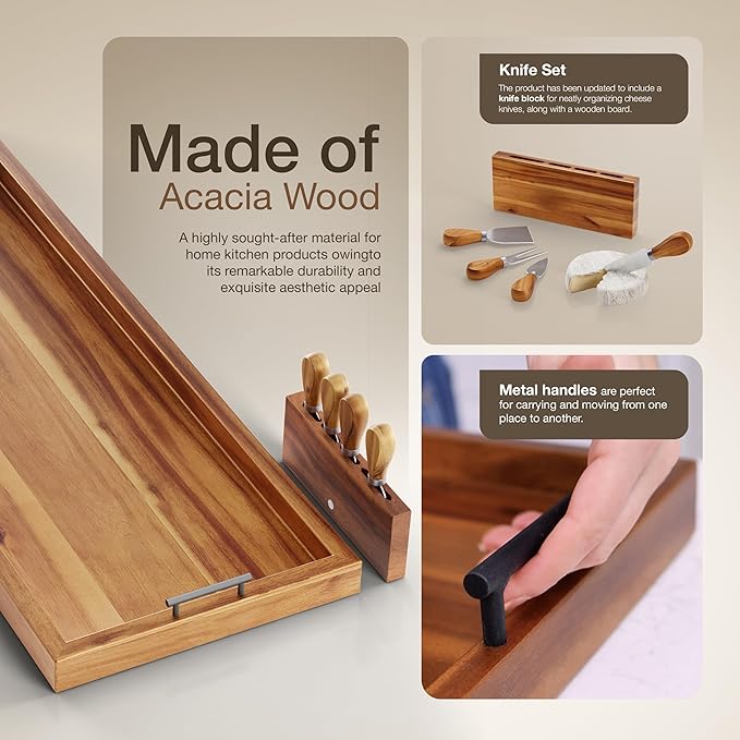 Acacia 36 Inch Extra Large Charcuterie Board with Cheese Knife Set of 4 - Acacia Wood Serving Tray with Handles, Long Charcuterie Board, Large Charcuterie Boards for Party, Wooden Cheese Board