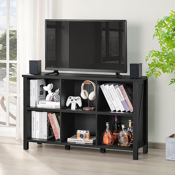 6 Cube Bookcase, Farmhouse Wood Low Storage Organizer Book Shelf, Black 47" Horizontal Console Bookshelf with Legs, Hallway Book Case for Entryway, Display Cabinet for Living Room, Office