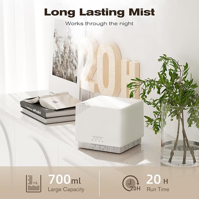 ASAKUKI 700 ml Premium Essential Oil Diffuser, 5 in 1 Ultrasonic Aromatherapy Fragrant Oil Vaporizer Humidifier, Timer and Auto-Off Safety Switch, 7 LED Light Colors