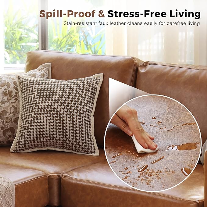 ABCASA 118.5" Oversized Modular Sectional Sofa, Faux Leather 6 Seater U Shaped Couch with Movable Ottoman and Storage Seat with Reversible Chaise Deep Seat for Living Room Brown