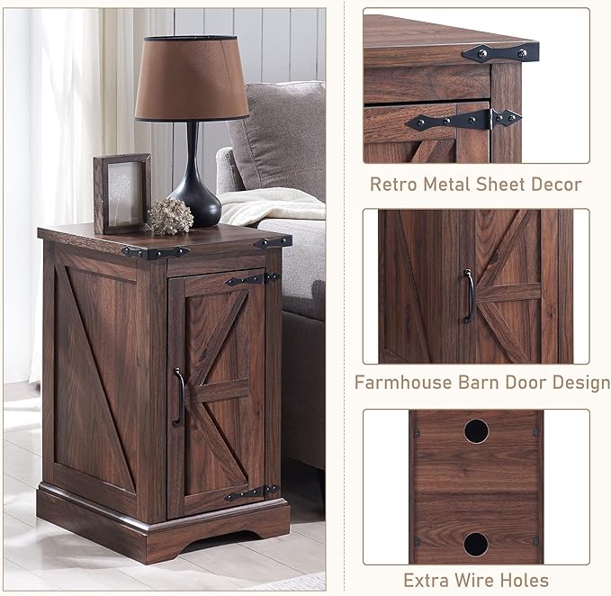 JXQTLINGMU Nightstand with Charging Station, Rectangular Farmhouse End Table with Barn Door and Adjustable Storage Shelf, 17" Deep Wood Rustic Sofa Side Table for Living Room, Bedroom, Brown