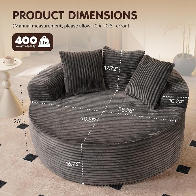 ovios 58" Oversized Round Chair Lounge Chaise Indoor, No Assembly Required, Cloud Large Circle Chair with Plush Fuax Fur, Fluffy Modern Sleeper Sofa Bed for Reading Yoga, Grey (Plush Corduroy Fabric)