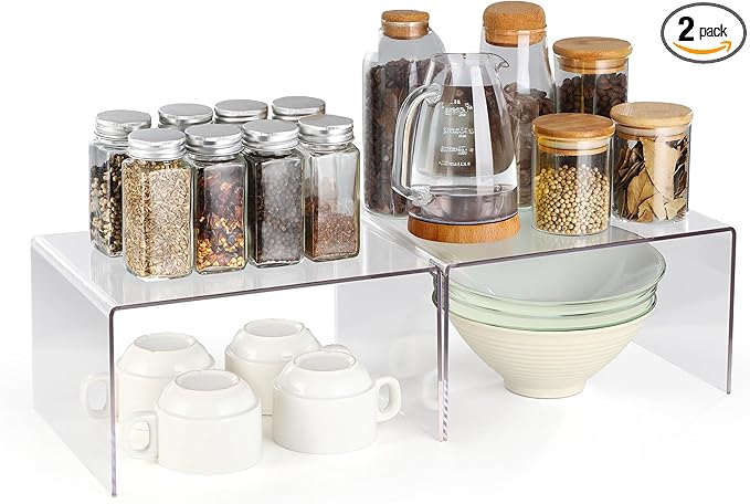 Acrylic Cabinet Organizer, Shelf Organizer, Set of 2 Spice Organization for Cabinet, Spice Rack, Stackable Kitchen Countertop Organizer | Cupboard, Pantry Shelves, and Storage Space Saver