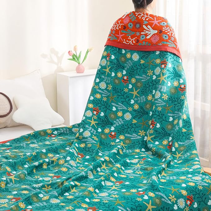 Boho Throw Blanket, 100% Organic Cotton Skin-Friendly Breathable Ultra Soft Bed Quilt Throw - All Season Blue & Red FishFarmhouse Decor Blanket for Sofa Couch Chair and Gift. 60" x 80"