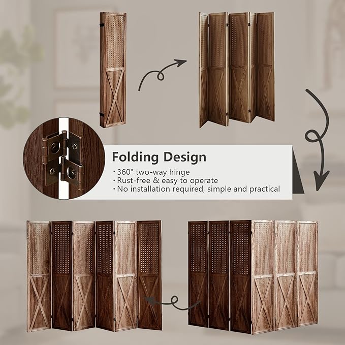 6 Panel Pegboard Room Divider, 5.6Ft Pegboard Display Folding Privacy Screens, Wood Room Divider Peg Board Display Freestanding for Trade Show Craft Show Home Wall Organizer, Brown