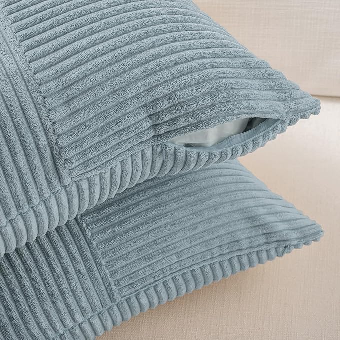 Fancy Homi Set of 2 Light Blue Euro Decorative Throw Pillow Covers 28x28 Inch for Bedroom Couch Bed, Farmhouse Boho Home Decor, Soft Cross Corduroy Patchwork Textured Square Cushion Case 71x71 cm