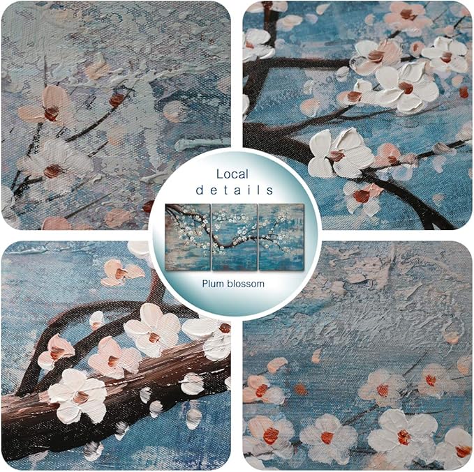 amatop Wall Art for Living Room 100% Hand-Painted Flower Oil Painting On Canvas Gallery Wrapped Large Framed Floral Plum Blossom Tree Teal Blue Artwork for Home Bedroom Decor 48"x24"