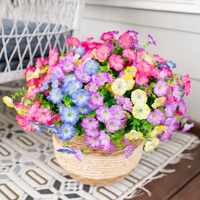 Artificial Flowers for Outdoors Fake Plants Outside Decoration, 12 Bundles Silk Colorful Morning Glory with Eucalyptus UV Resistant Realistic Faux Flowers for Planter Porch Patio Yard Indoor