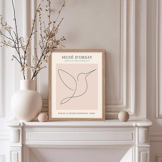 Poster Master Vintage Poster - Retro One Line Hummingbird Drawing Print - Bird Line Art - Minimal Gift for Him, Her, Animal Lover - Abstract Decor for Home, Office, 8x10 Beige Framed