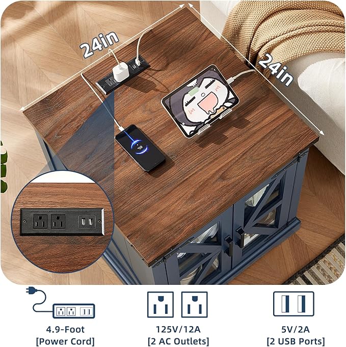 24" End Table with Charging Station, Farmhouse Night Stand with Glass Barn Door, White Nightstands with Adjustable Storage Shelf, Large Wood Square Bed Side Table for Living Room,Bedroom