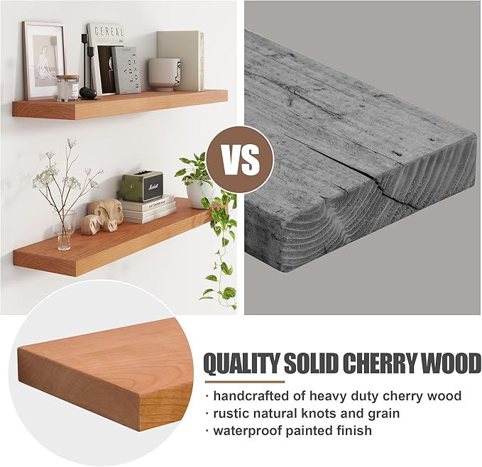Floating Shelves for Wall, USA-Sourced Cherry Wood 24 Inch Wall Shelves Set of 2, Natural Wooden Wall Mounted Picture Ledge Shelf, Nursery Book Storage Shelf Kids Bookshelf, Display Shelf for Bathroom