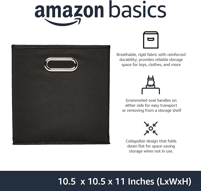 Amazon Basics Collapsible Cube Storage Organizer Bins, 6-Pack, 10.5 x 10.5 x 11 inches, Black