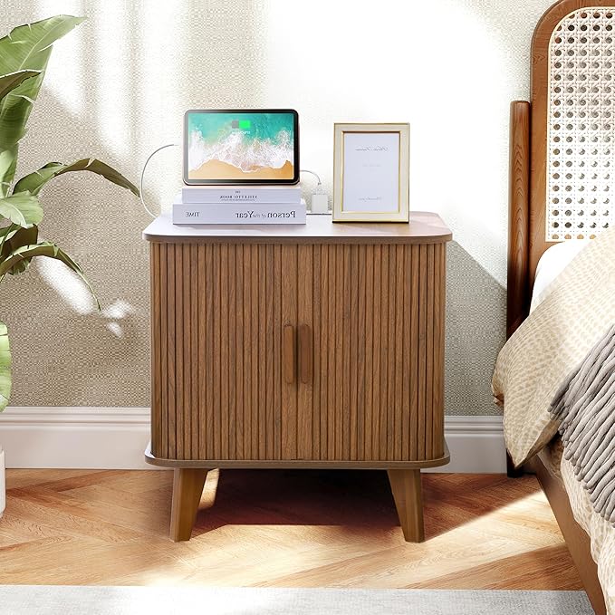 Farmhouse Square End Table with Charging Station, 24" Large Fluted Sofa Side Table with Sliding Tambour Door and Storage, Rustic Curved Wood Nightstand for Living Room, Bedroom, Walnut
