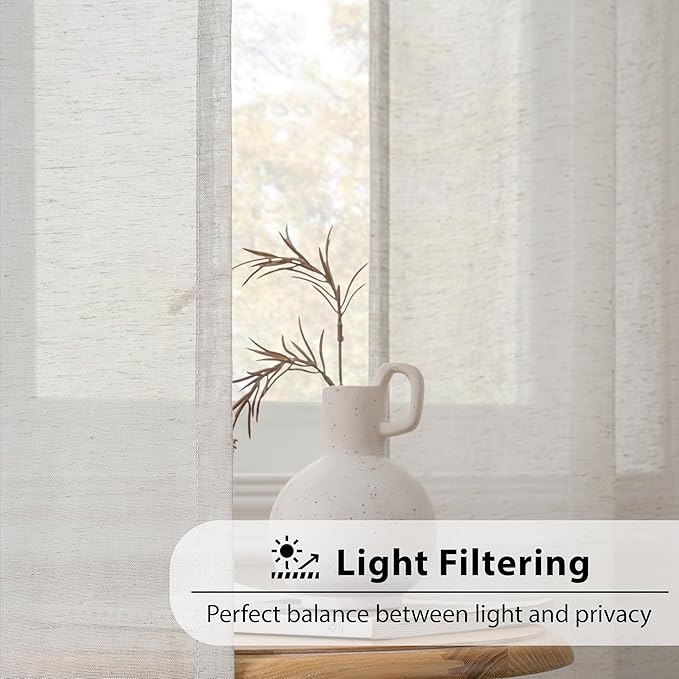 FMFUNCTEX Linen Sheer Curtains for Bedroom, Grey Curtains 84 inches Long for Living Room, Gray Farmhouse French Flax Blend Window Draperies, Rod Pocket 2 Panels Set