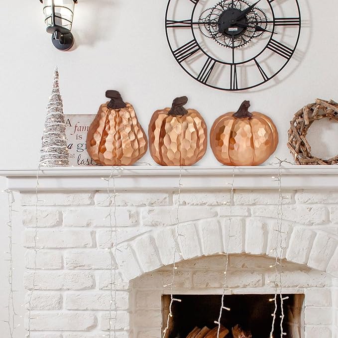 Large Pumpkin Decor Set of 3, Resin Pumpkins Thanksgiving Table Decor,5.9 Inch Faux Pumpkins Suitable for Fall Home Decor,Fall Table Decorations,Fall Mantel Decor (Gold)