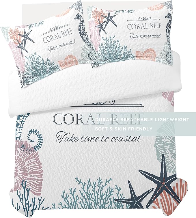 Coastal Bedding Queen Size with 2 Shams, Nautical Beach Comforter Sets Ocean Bedspreads Coastal Coverlet Summer Bedding, 90''x96''