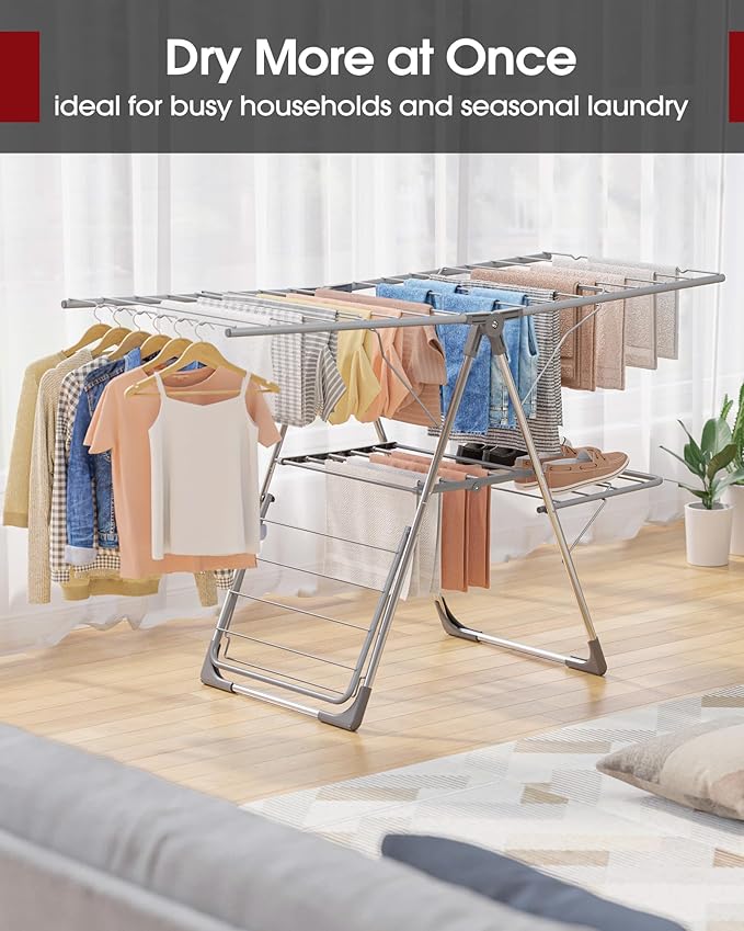 Clothes Drying Rack - Foldable Laundry Drying Rack for Clothing & Bedding, Easy-to-Assemble, Space-Saving Metal Airer with Non-Slip Feet, Indoor & Outdoor Use, 55.5"×22.8"×36.6", Gray