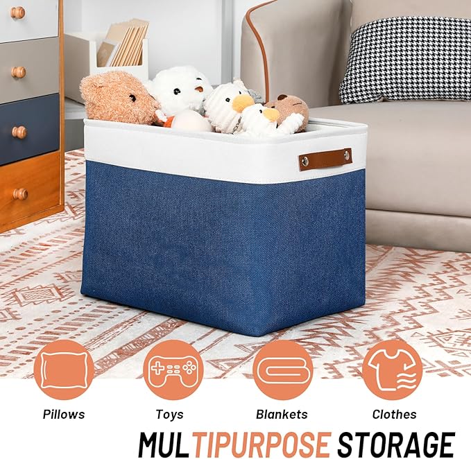 DULLEMELO Large Storage Baskets with Leather Handles for Linen Closet and Home Office, Decorative Baskets for Toys Storage (White & Blue)