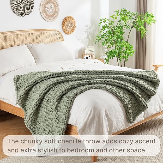 Chunky Knit Blanket Throw, 100% Hand Knit Throw Blanket Handmade Chenille Cable Knit Throw for Couch, Stylish Cozy Soft Rope Knot Crochet Blanket for Home Decor, Sage Green, 60x80 Inches