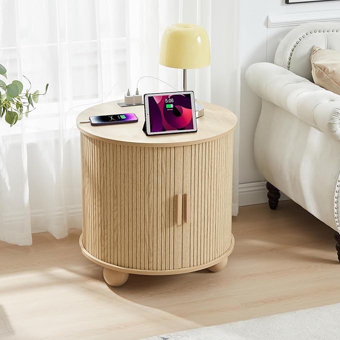 Farmhouse Round End Table with Charging Station, 24" Large Fluted Sofa Side Table with Sliding Tambour Door & Storage, Mid-Century Wood Nightstand for Living Room, Bedroom (Natural)