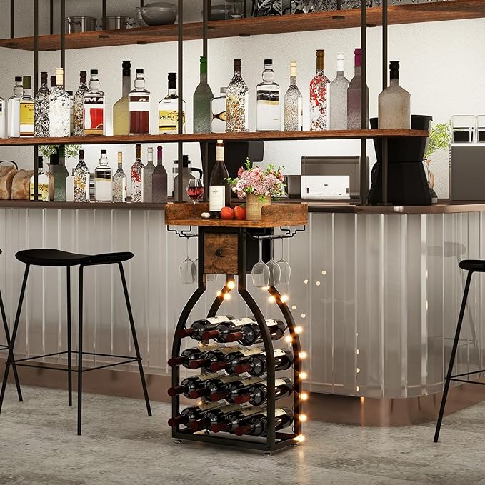 IBUYKE Wine Rack Freestanding Floor,Wine Storage 15 Bottles Bottle Rack with Glass Holders, Mini Bar Wine Cabinet with Storage Drawer for Home Bar Kitchen Dining Room,Rustic Brown,UTMJ908H