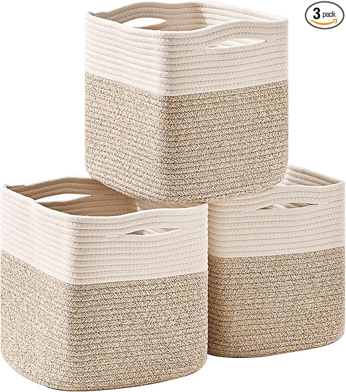 11 Inch Cube Storage Bins, Organizer Woven Cotton Rope Square Baskets for Organizing Shelves, Toys, Nursery, Off White & Brown (Pack of 3)
