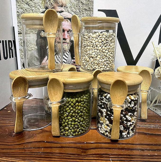 7.6 oz Airtight Mini Glass Jars with Bamboo Lids and Bamboo Spoons, Spice Jars Small Food Storage Containers for Kitchen, Bathroom, Home Decor Set of 8
