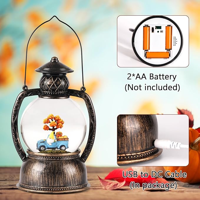 Fall Snow Globes, Blue Truck Pumpkin and Gnome Scene Snow Globes, Glittering Lantern with Timer, Snow Globe Lantern USB or Battery Powered for Fall Festival Thanksgiving Day Decor