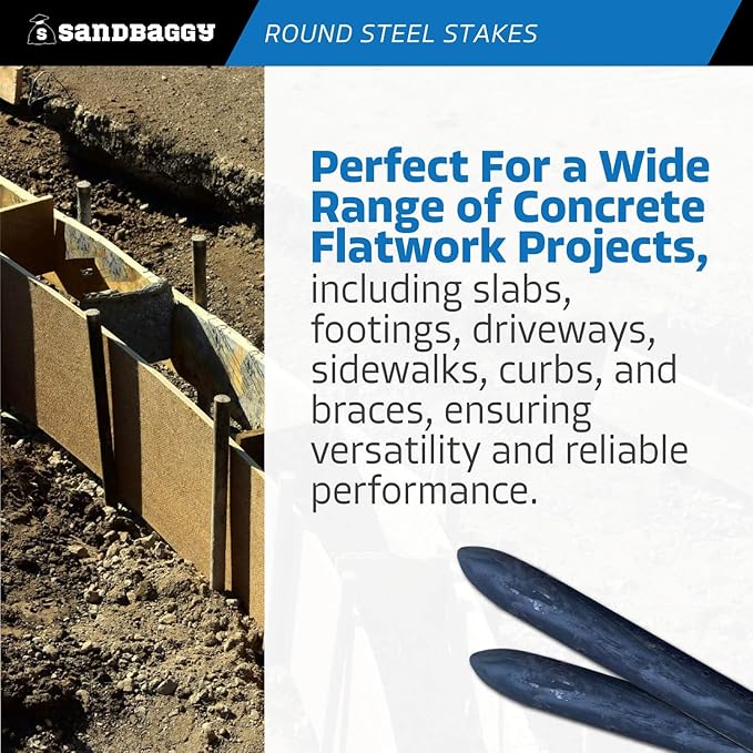 Sandbaggy Round Steel Concrete Form Stakes with Nail Holes - Rust Resistant Coating - Removable, Reusable (80, 3/4 in X 12 in)