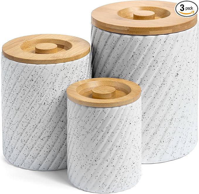 Ceramic Canister Set for Kitchen Countertop & Pantry – 3 Airtight Food Storage Containers for Flour, Sugar & More – Durable White Ceramic with Bamboo Lids