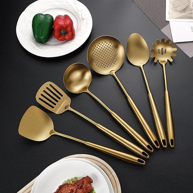 304 Stainless Steel Cooking Utensils,6 Pcs Kitchen Cooking Utensils Set with Spatula, Solid Spoon, Ladle, Skimmer, Spaghetti Spoon,Dishwasher Safe(Gold)