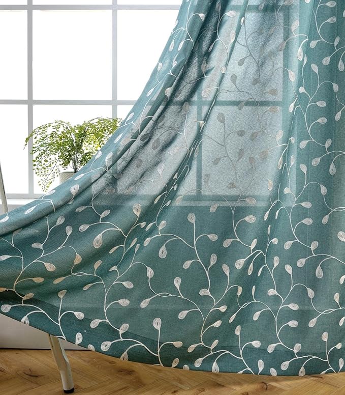 MIUCO Floral Embroidery Semi Sheers Curtain Faux Linen Grommet Window Curtains for Bedroom 52 x 95 Inch 2 Panels, Teal