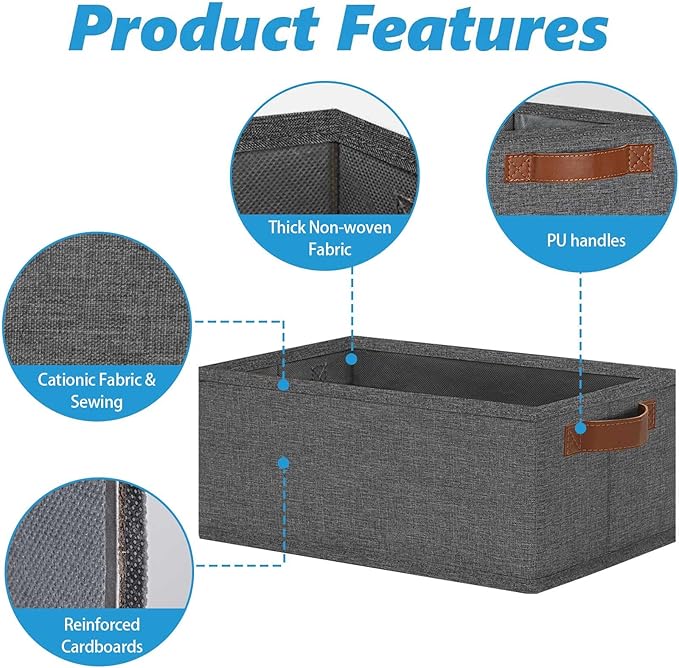 GhvyenntteS Small Fabric Storage Bins 12 Pack, 11.8" x 7.87" x 5.11" Storage Basket with Leather Handles, Closet Storage Bins for Shelves, Storage Baskets for Shelves, DVD Storage (Grey)