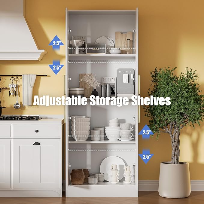 71" Tall Pantry Cabinet with 4 Doors, Kitchen Pantry Storage Cabinet, Freestanding Larder Cupboard, Kitchen Hutch with Gold Handles for Dining Room, Bathroom, White