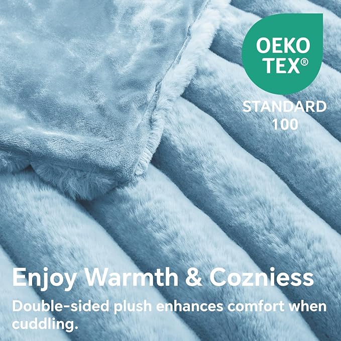 BEDELITE Faux Rabbit Fur Blanket, Luxurious 3D Striped Spring Blanket for Decor & Gift, Soft and Warm Plush Fluffy Faux Fur Throw Blanket All Seasons Suitable, (Light Blue, 60"x 80")