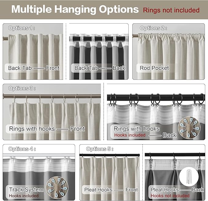 RAIN CITY Natural Birch Linen Blend Blackout Curtains 120 Inch Long 2 Panels, Farmhouse Sound Absorbing Track Curtain for Living Room 10 FT Extra Long Light Blocking Pleated Window Drapes