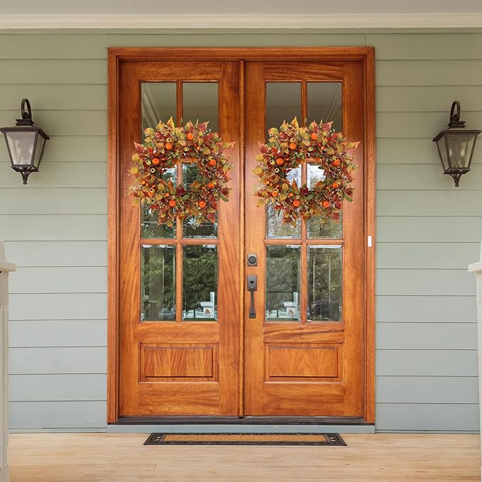 22 inch Artificial Fall Wreaths for Front Door,Autumn Wreath with Pumpkin and Maple Leaves Suitable for Indoor Outdoor Wall Porch Harvest Festival Thanksgiving Day Farmhouse Holiday Decor.