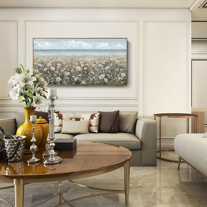 amatop Oversized Wall Art for Living Room Extra Large Farmhouse Boho Framed Beach Coastal Vintage Ocean Floral Canvas Print Daisy Flowers Sea Wall Picture Neutral Nautical Artwork Bedroom Office Decor