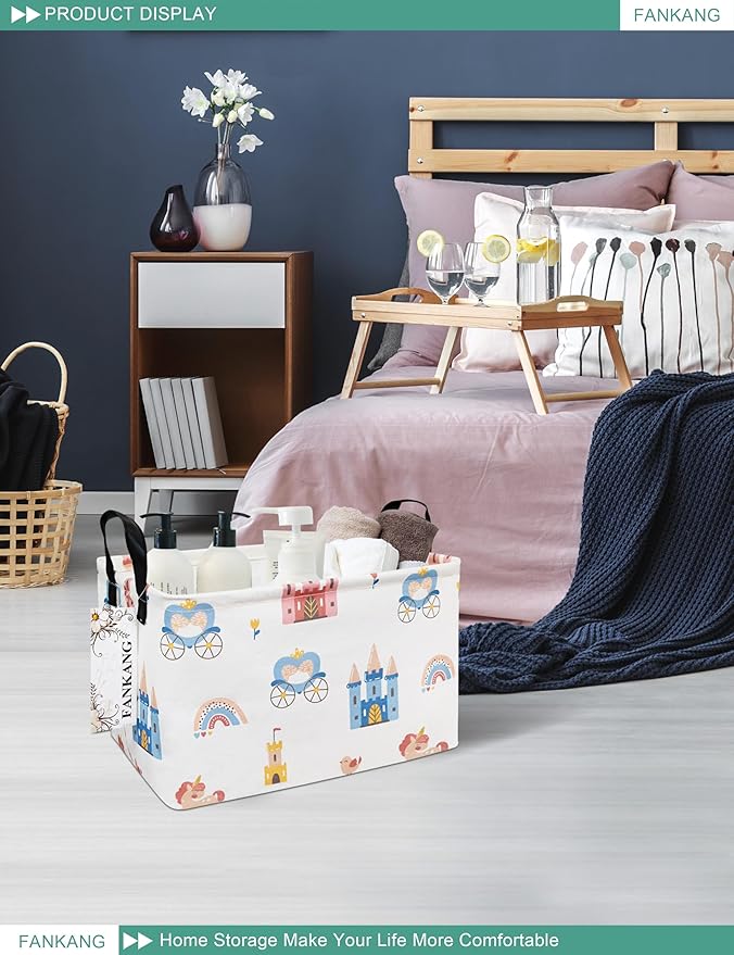 FANKANG Storage Bins, Nursery Hamper Canvas Laundry Basket Foldable with Waterproof PE Coating Large Storage Baskets for Kids Boys and Girls, Office, Bedroom, Clothes,Toys(Rec-castle carriage ）