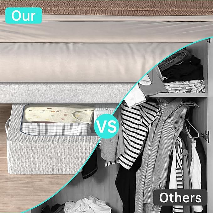 3PCS Under Bed Storage Bins with Metal Frame, Linen Fabric Frame Storage Box Clothes Organizer Bins, Underbed Container with Clear Window (Light Grey, 15.7 x 13 x 6IN)