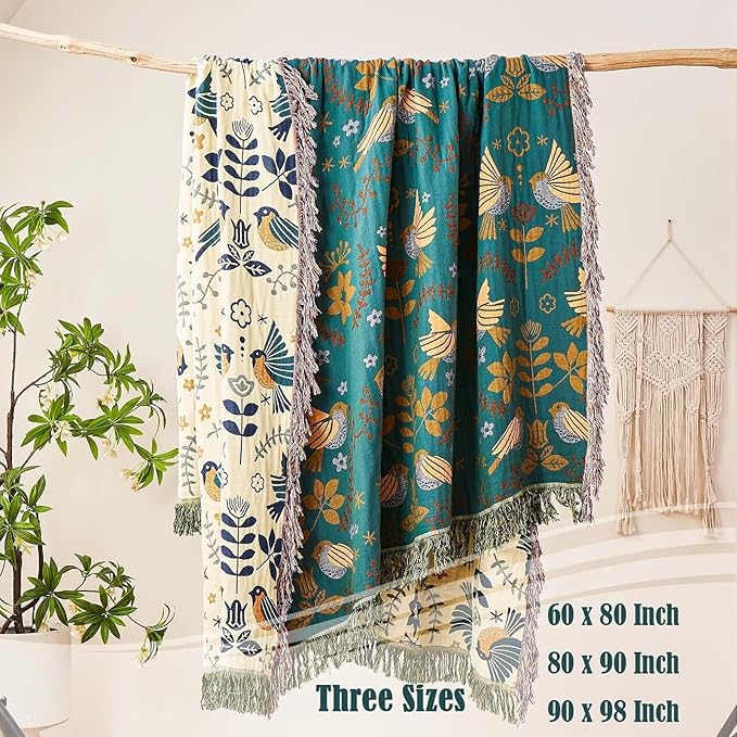 Boho Throw Blanket, 100% Cotton Ultra Soft Luxury Throw Rustic Quilt, 80"x90" Floral Printed Farmhouse Decor Bed Summer Blankets, All Season Rustic Reversible Bohemian Throw for Bed - Blue