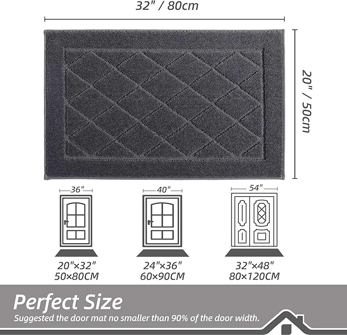 BEQHAUSE Dirt Trapper Door Mat 20" x 32", Doormat Non-Slip Entryway Rugs Washable, Dog Door Mat Stain Resistant and Absorbent Welcome Floor Mat for Front Back Door, Muddy Wet Shoes & Paws, Dark Grey